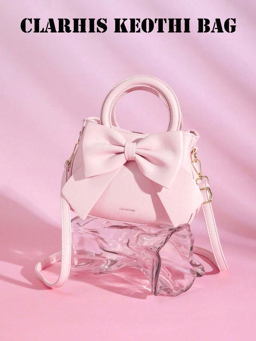 Small Bow Handbag, Commuter Small Square Bag, Large-Capacity Crossbody Bag, Wholesale Shoulder Bag, Tote Bag With Letter And Big Bow Design. - Pink - View 1