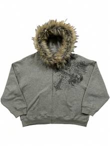 Jackets For Men,Men's Street Rock Punk Unisex  Coat With Fur Collar And Hood - Màu xám có họa tiết - Xem 1