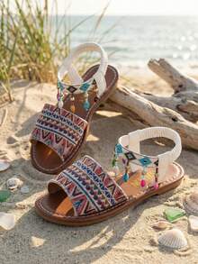 1 đôi dép xăng đan đế bằng nhiều màu sắc cho bé gái, mũi tròn, hở ngón, kiểu dáng boho, đính charm, dép xỏ ngón tiện dụng đi biển. - Nhiều màu - Xem 4