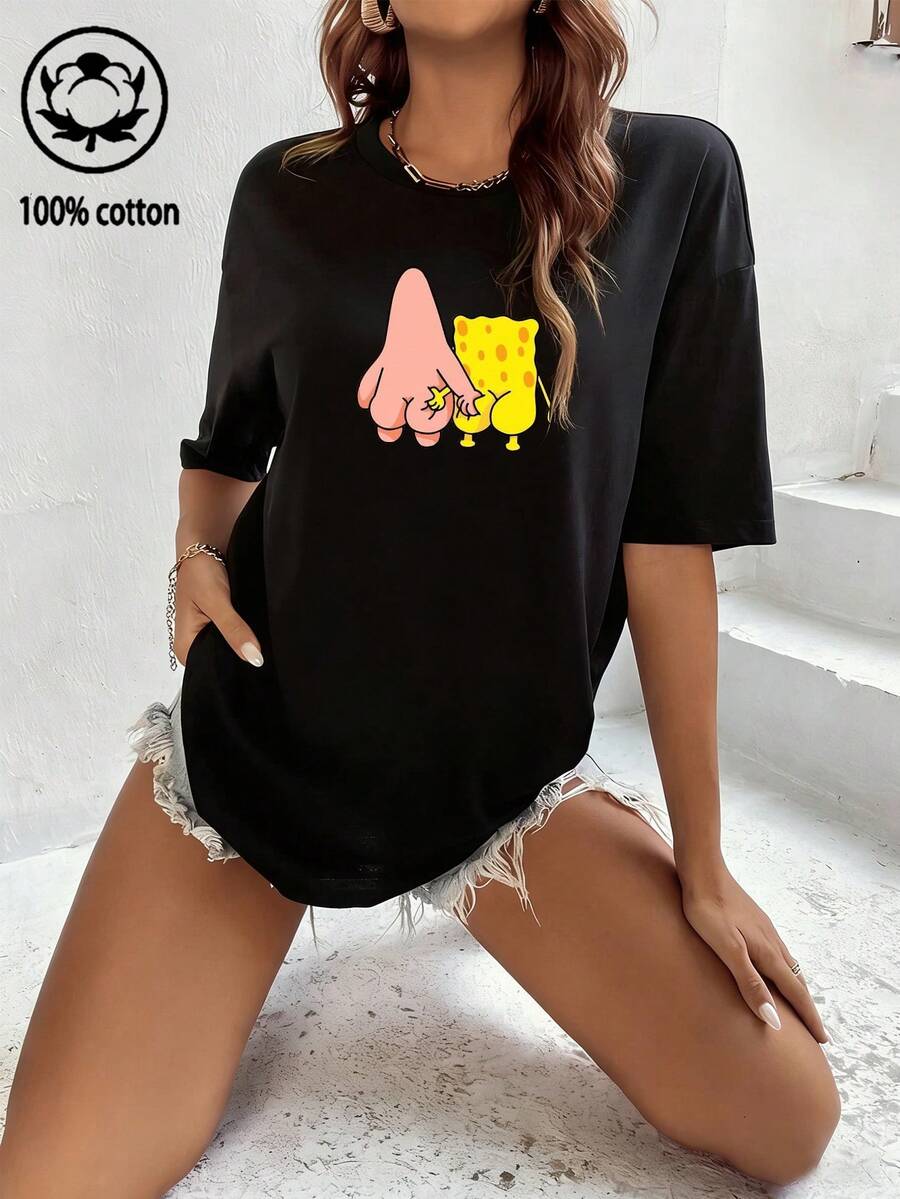 2pcs Women's Cotton Cartoon Pattern Round Neck Short Sleeve T-Shirts - Black 2 - View 1