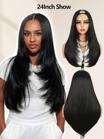 14 tum kort svart U-part rak peruk med lager av syntetiska fibrer, lämplig för kvinnor, uppgraderad U-part peruk, ingen sömnad, inget lim krävs