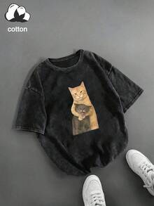 Funny Cat Print Short Sleeve T-Shirt, Cute Personalized Small Batch Design Top, Plus Size Women's T-Shirt, Washed Cotton T-Shirt, Plus Size Casual Daily Wear, Snowflake Pattern Fabric, Plus Size Comfortable Round Neck Casual Top, Vintage Distressed T-Shirt, Plus Size Women's Clothing, Spring/Summer Apparel