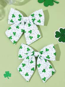 2个圣帕特里克节女孩发夹，绿色三叶草鳄鱼夹，三叶草格子印花蝴蝶结发夹，女孩节日发卡，幸运三叶草发夹，婴儿发饰 - 彩色 - 查看 1