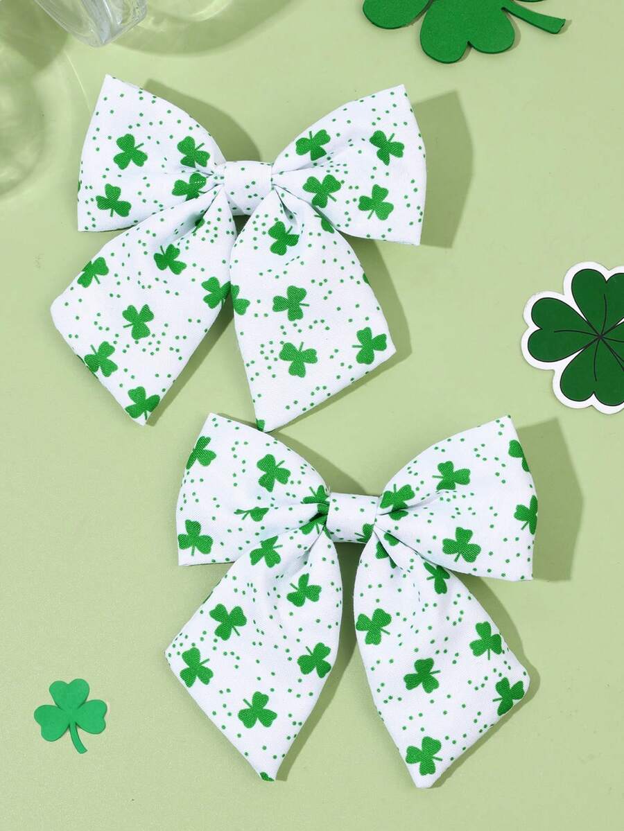 2个圣帕特里克节女孩发夹，绿色三叶草鳄鱼夹，三叶草格子印花蝴蝶结发夹，女孩节日发卡，幸运三叶草发夹，婴儿发饰 - 彩色 - 查看 1