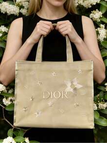 Dior Gold Star Mesh Tote Bag, Large Capacity Women's Luxury Cosmetic Bag, Travel Beauty Organizer Bag Shiny Party Handbag, Women's Gift, Bridesmaid Gift Fashion Designer Women & Girls Toiletry Bag - Champagne - View 2