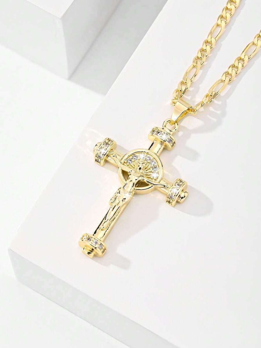 1件复古铜合金锆石舵十字架吊坠项链，限量版“守护者之光”，适合圣诞节、感恩节、万圣节、母亲节、情人节、赠送朋友、教堂礼物、初领圣体、日常佩戴和祈祷。 - 金黃色 - 查看 1