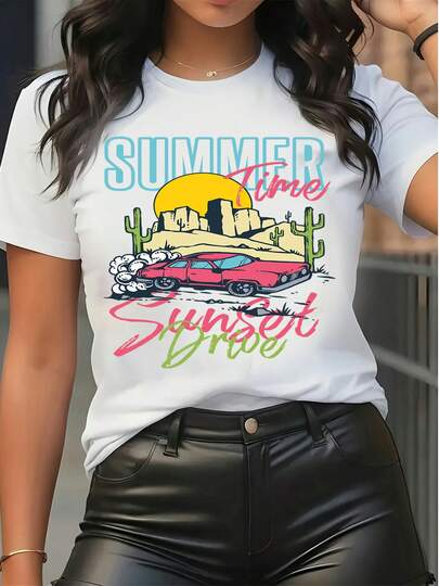 Tricou grafic cu mânecă scurtă pentru femei, tricou de vară cu apus de soare, cu imprimeu retro de cactus și mașină, casual, cu guler rotund, croială lejeră, pentru streetwear de vacanță