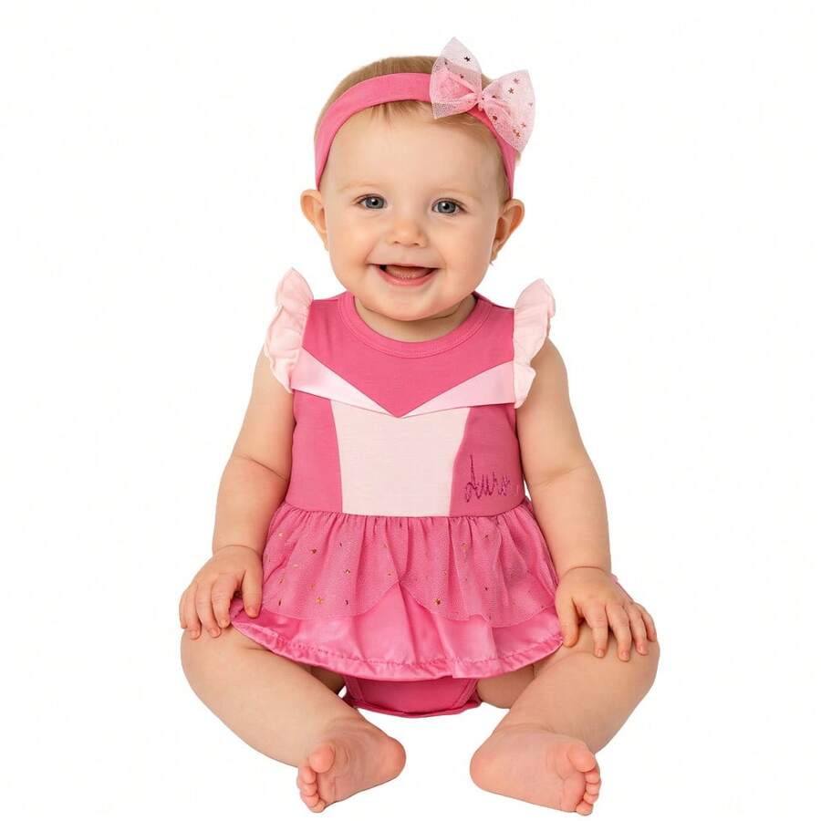 Disney Princess Printed Baby With Tutu And Short Sleeves - Hot Pink - View 1