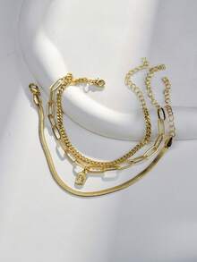 Tkool 3pcs/Set Fashionable Minimalist Multi-Layer Gold-Tone Bracelet, Classic Chic Summer Vacation Gold Star Moon Block Pendant, Stainless Steel Blade Chain & Curb Chain Layered Bracelet For Women (Chain, Clasp & Bead Quantity Random) - Yellow Gold - View 2