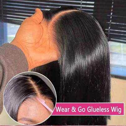 即戴即走，200% 密度直发 5*5 13*4 13*6 蕾丝前假发，带婴儿发 - 预剪、预拉、预熨烫，自然发际线，高清透明蕾丝前假发，无需胶水 - 自然黑色，预拔毛、预漂白，巴西原生发，中分假发 - 无需胶水，无需技巧，混合前额人发，全前额假发，无需胶水，真人发假发，无需胶水，适合女性日常佩戴，轻松佩戴