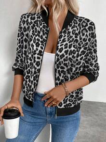 Keke Bloomly Women's Lightweight Zip-Up Casual Leopard Print Baseball Jacket, Fashionable And - Light Grey - View 4