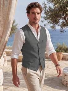 Mens Vests Breathable Cotton Linen Vest V Neck Summer Beach Wedding Party Groomsmen Casual Waistcoat Outfits Tuxedos - 灰色 - 查看 7