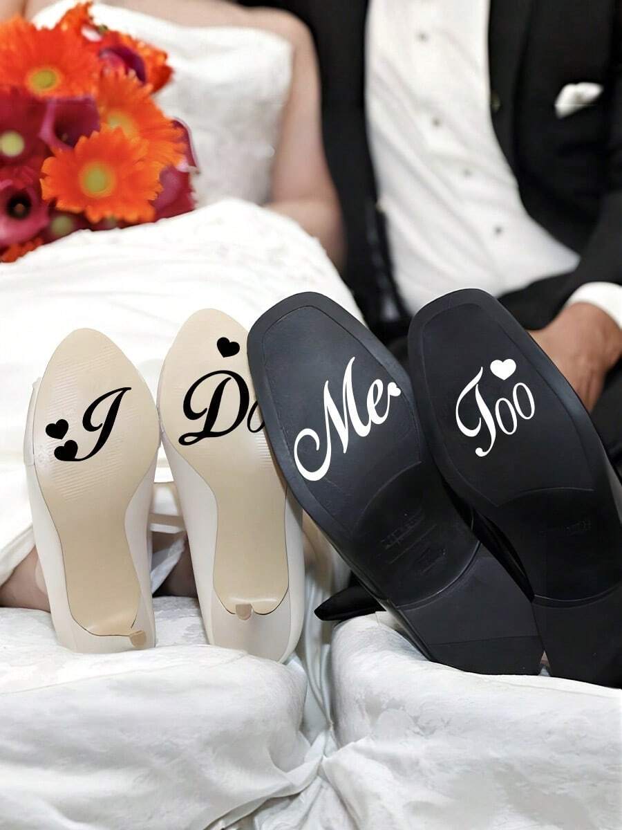 2pcs "I Do" / "Me Too" Black & White Wedding Shoe Stickers, Wedding Decoration Stickers, Waterproof Removable Stickers For Bride & Groom, Unique Wedding Memorabilia & Photo Props - Multicolor - View 1