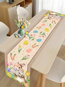 复活节兔子水彩桌旗，厨房装饰，饰以彩色彩蛋和胡萝卜，家居餐桌节日装饰 - 彩色 - 查看 2