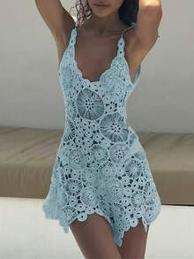 Women Crochet Swimsuit Coverups Tie Up Backless Short Dress Slim U Neck Hollow Out Sleeveless Irregular Hem Mini Beach Dress Vacation Style Outfit - 藍色 - 查看 3