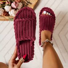 Women's Striped Fabric Slippers, Fashionable Casual Indoor Wear, Autumn/Winter - Burgundy - View 1