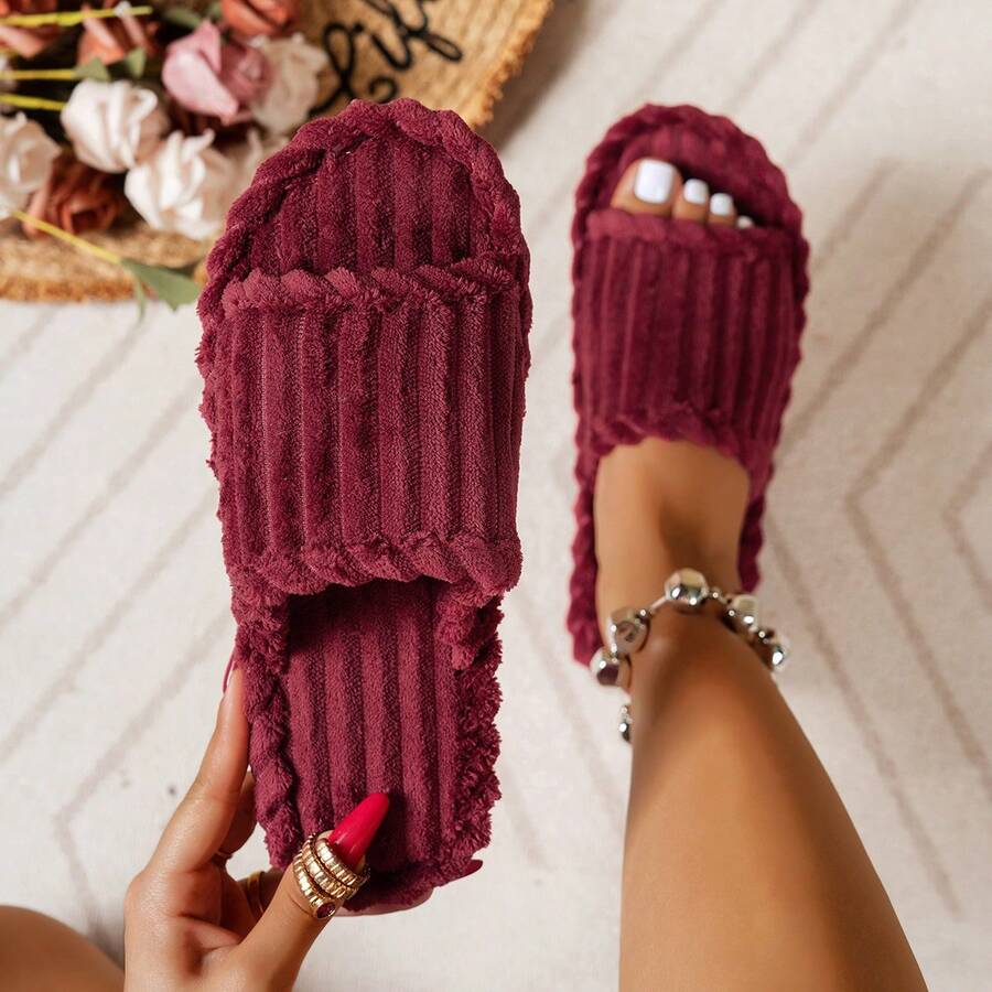 Women's Striped Fabric Slippers, Fashionable Casual Indoor Wear, Autumn/Winter - Burgundy - View 1