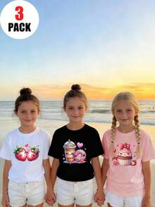 3件套少女休闲碎花圆领短袖T恤，夏季学生少女装 - 时尚T恤为每个孩子带来快乐和幸福！情人节 - 粉色 - 查看 3