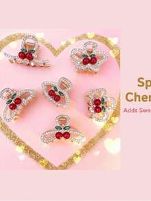 1 قطعة مشبك شعر نسائي أنيق مزين بكريستال 3D على شكل كرز - قوي ولا يزلق، أنيق للاستخدام اليومي/المواعدة/الحفلات/الزفاف