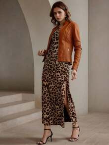 女士PU皮夹克 - 优雅简约的秋季风格，配有腰带、口袋和拉链，是一款女士冬季皮夹克 - 棕色 - 查看 4