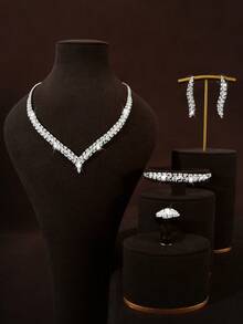 5pcs V-Shaped Cubic Zirconia Jewelry Set Including Necklace, Earrings, Ring, Bracelet, Suitable For Women Wedding, Party, Birthday, Holiday - Silver - View 1