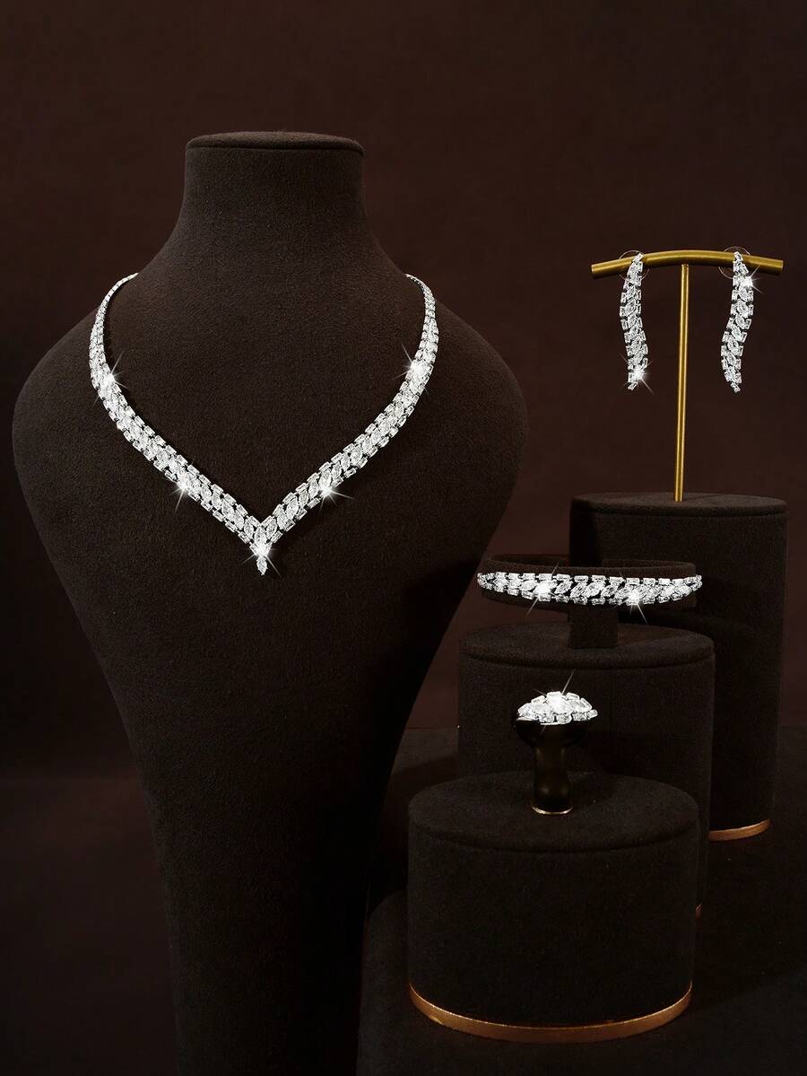 5pcs V-Shaped Cubic Zirconia Jewelry Set Including Necklace, Earrings, Ring, Bracelet, Suitable For Women Wedding, Party, Birthday, Holiday - Silver - View 1