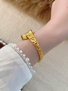 1pc Fashionable Creative Versatile Petite Oval Quartz Watch For Women, Minimalist Oval Dial, Mother Of Pearl Dial/Crystal, Suitable For Daily Wear And Holiday Gifts - 金色 - 查看 5