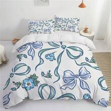2/3件套蓝色蝴蝶结印花被套套装（1个被套+1/2个枕套，无芯），优雅设计聚酯纤维床上用品套装，柔软舒适的被套，适用于卧室、客房