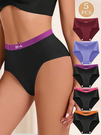 5pcs Women's Breathable Soft Cotton Panties With Butterfly, Letter Print, Contrast Stripe Designs