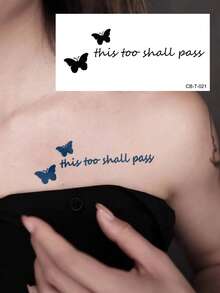 6片/1片装草本果汁半永久细线临时纹身贴纸 - 励志情感手写英文短句图案，可贴于背部、肩部、颈部、锁骨、腹部、腿部和身体其他部位。防水，不反光。纹身贴纸。 - 藍色 - 查看 8