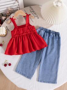 Spring/Summer Baby Girls Cute Red Ribbon Bow Ruffle Trim Camisole & Cherry Embroidery High Waist Loose Denim Pants Set - Red - View 2