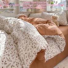 Simple Style Duvet Cover Set, White Floral Bedding Set, Botanical Fresh Wild Flower Print Set, Garden Theme Includes 1 Duvet Cover, 1 Flat Sheet, And 1/2 Matching Pillowcases, Soft & Lightweight Chiffon Duvet Cover Set, Airy & Breathable - Mocha Brown - View 7