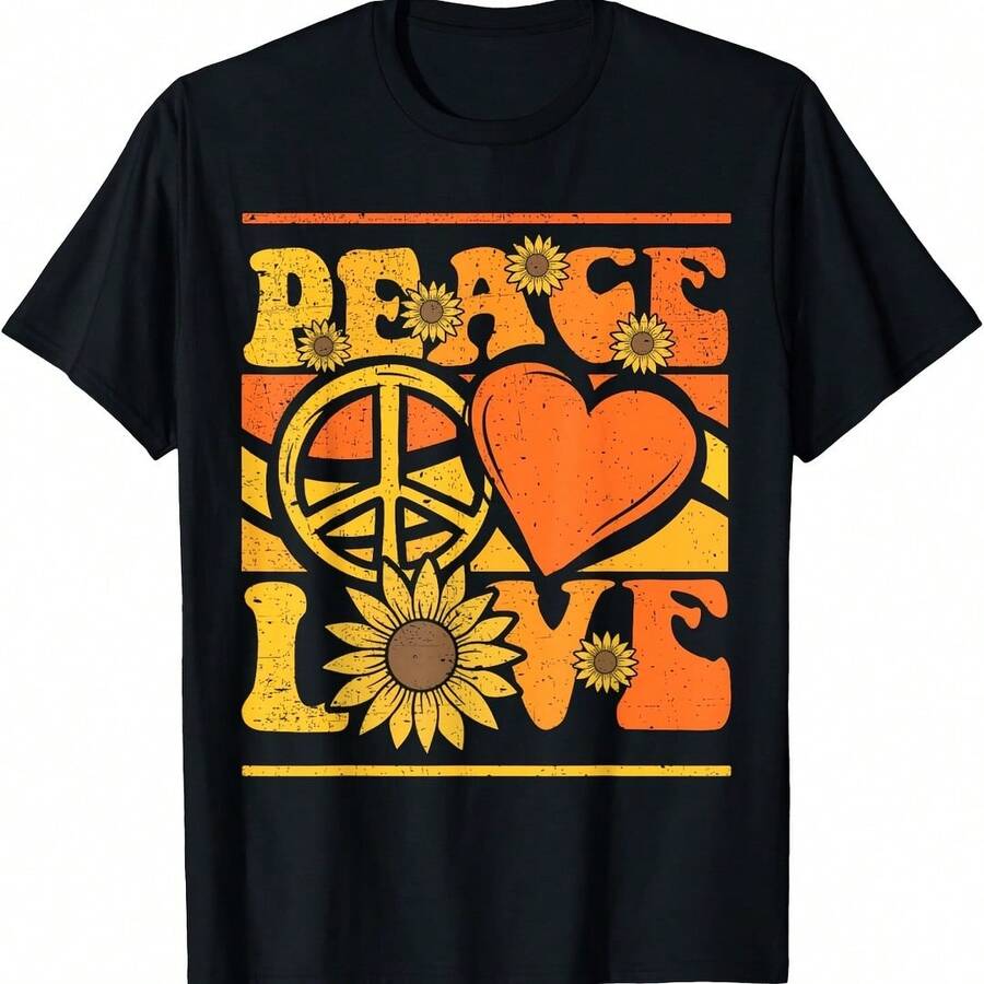 Hippie Peace Love Retro Suower Lovers T-Shirt - 黑色 - 查看 1