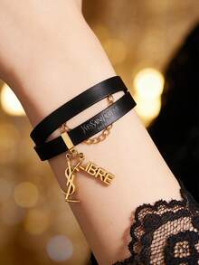 Yves Saint Laurent 1pc Women's Fashion Double-Layer Black Leather Bracelet With Letter Pendant Decor, Romantic Jewelry For Valentine's Day - Black - View 4