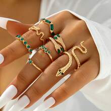 European And American Jewelry Rings Snake Heart Imitation Ins Style Five-Piece Ring Set Gemstone Ring - 19656 - bạc và xanh lá cây - Xem 5
