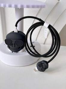 4pcs Cartoon Skull Shaped Charger Head Protector Winding Cord Organizer Sleeve Covers Compatible With Apple 18/20W Fast Charger - Black - View 2