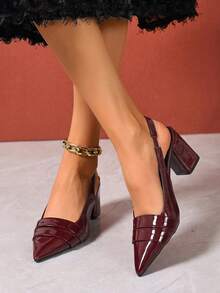 Pointed Toe Solid Color High Heel Sandals, Bowknot Chunky Heel Mary Jane Shoes, Versatile Spring/Summer New Arrivals - Burgundy - View 2