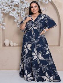 Plus Size Long Dress With V-Neck And Short Sleeves - Navy Blue Print - View 3