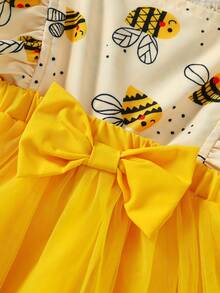 2件套女婴休闲日常甜美可爱黄色编织连帽泡泡袖蜜蜂印花拼接黄色网纱连衣裙和印花帽子套装，夏季 - 黃色 - 查看 6