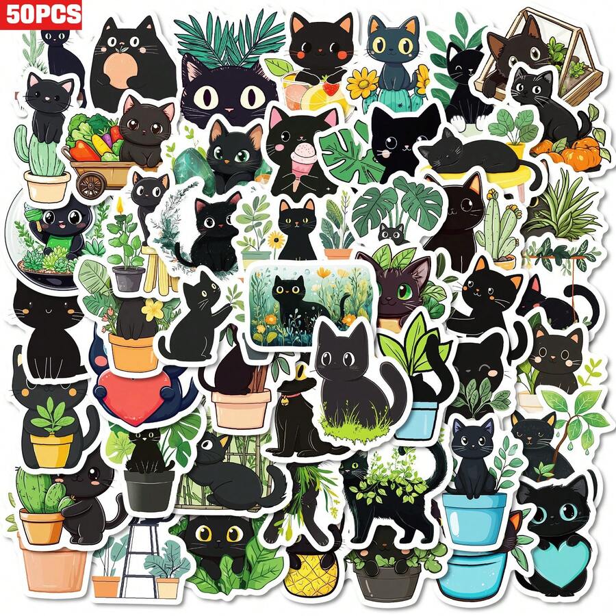 50pcs Creative Cartoon Hand-Drawn Plant & Cat Series Stickers, Suitable For Scrapbooking, Diaries, Laptops, Water Bottles, Cars, Etc. Faith-Based Design With Positive Messages, Great Gift - Multicolor - View 1