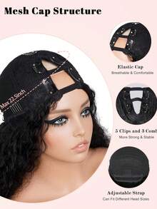 非洲V型分缝蓬松卷发假发，专为设计，无需胶水，发尾卷曲蓬松，合成材质，无需留发片，夹式佩戴。 - 黑色 - 查看 4