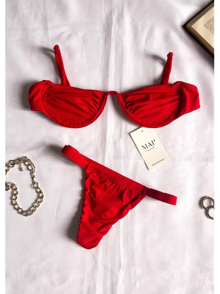 Underwire Bikini With Half-Cup Bra And Thong Bottom With Adjustable Straps. - Red Rim - View 1