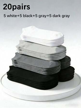 1/20 双装男女通用黑色、白色、灰色纯色短袜 - 柔软舒适、透气简约休闲袜 - 适合日常穿着、春夏、返校季和居家使用