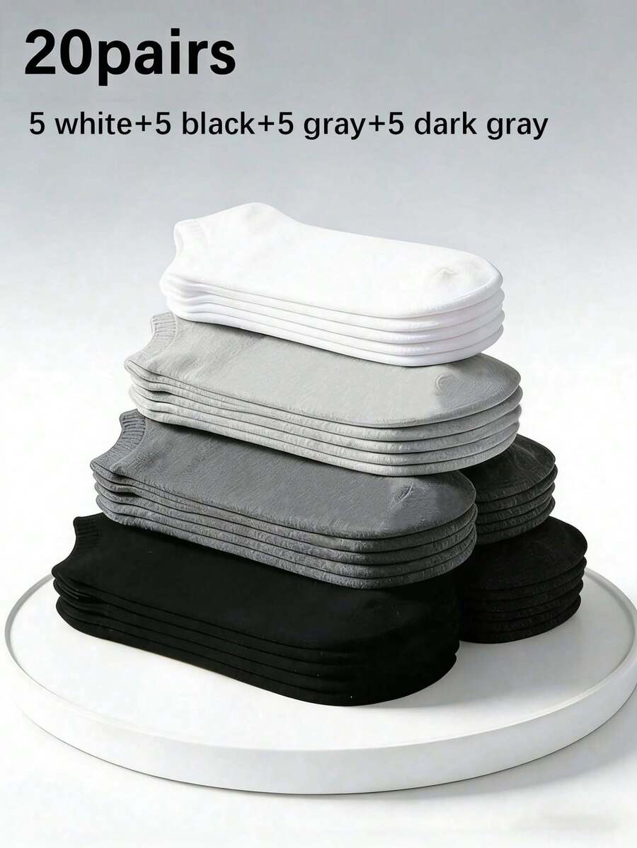 1/20 Pairs Unisex Black, White, Grey Solid Color Ankle Socks - Soft, Comfortable, Breathable, Minimalist Casual Socks - Suitable For Daily Wear, Spring/Summer, Back To School, And Home Use