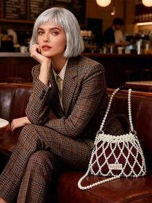 Gucci Elegant Crescent-Shaped Red Polyester Crossbody Bag With Detachable Faux Pearl Chain - Can Be Used As A Clutch Or Shoulder Bag, Fashionable Half-Circle Design Made Of Lightweight Polyester Fabric, Perfect For Cosmetic Stores Or Chic Wedding Bags - Style: Ancora Red Crescent-Shaped Multifunctional Bag, Heartbeat Red Plaid - Ankola Red-pearl Fragrance - View 2