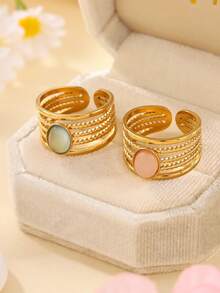 1pc,2pcs Stainless Steel Fashion Retro Style Women's Pink And Blue Cat's Eye Gemstone Open Ring Set, Suitable For Women's Daily Wear Or Gift Giving - Yellow Gold - View 3
