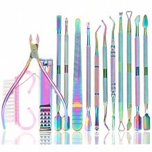 14pcs Cuticle Pusher And Nail File Set, Professional Stainless Steel Nail Care Set, Cuticle Pusher, Manicure & Pedicure Tools, UV Gel Polish Remover, Groove Cleaning Kit For Fingernails And Toenails Dead Skin Nail Tech Supplies - 彩色 - 查看 1