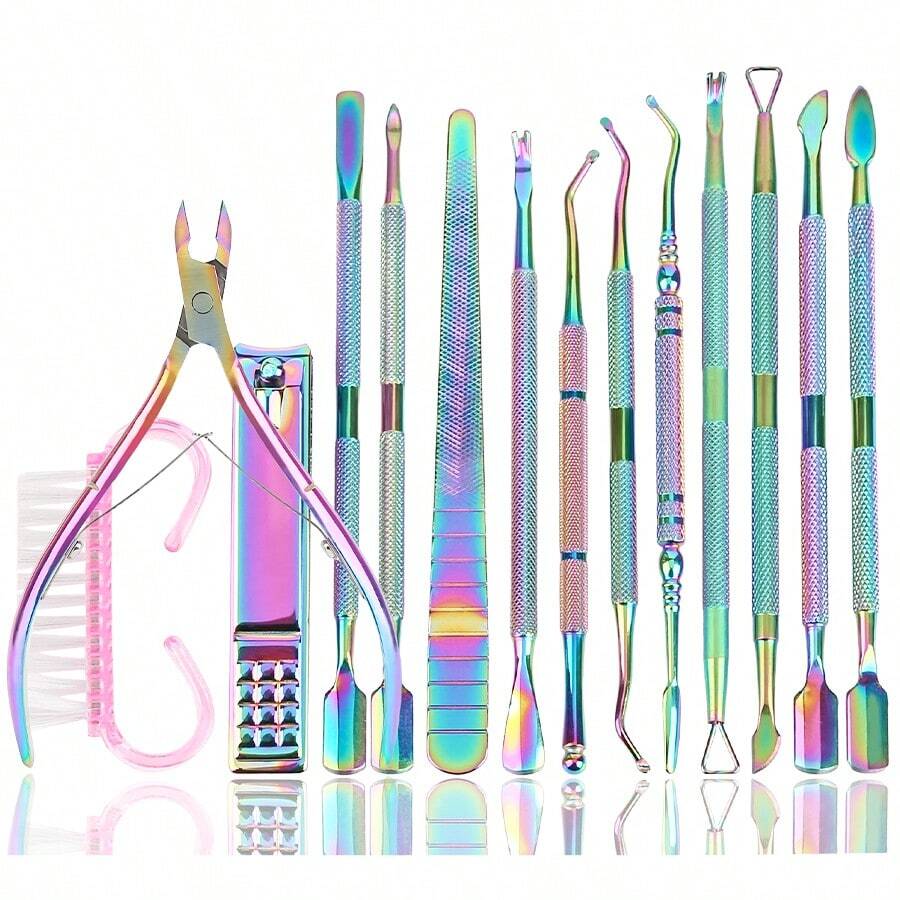 14pcs Cuticle Pusher And Nail File Set, Professional Stainless Steel Nail Care Set, Cuticle Pusher, Manicure & Pedicure Tools, UV Gel Polish Remover, Groove Cleaning Kit For Fingernails And Toenails Dead Skin Nail Tech Supplies - 彩色 - 查看 1