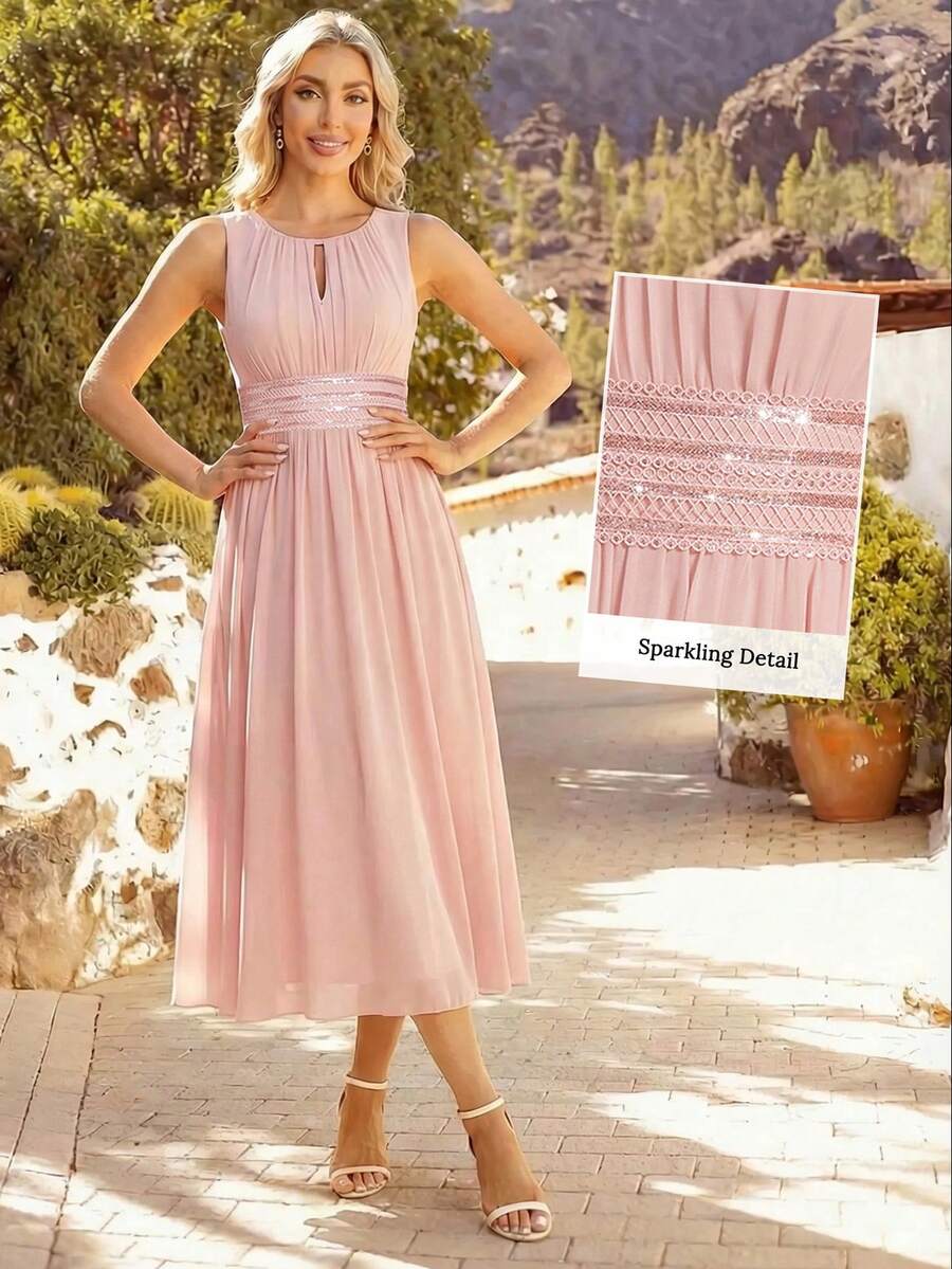 女士甜美优雅雪纺收腰粉色伴娘礼服，适合婚礼、宴会和派对等场合