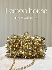 1个金色亮片花卉装饰女士手拿包，奢华晚宴包，时尚优雅正式派对钱包，新娘手提包，配有可拆卸肩带，适合正式场合、婚礼、派对，是送给女性的最佳礼物。 - 金色 - 查看 2